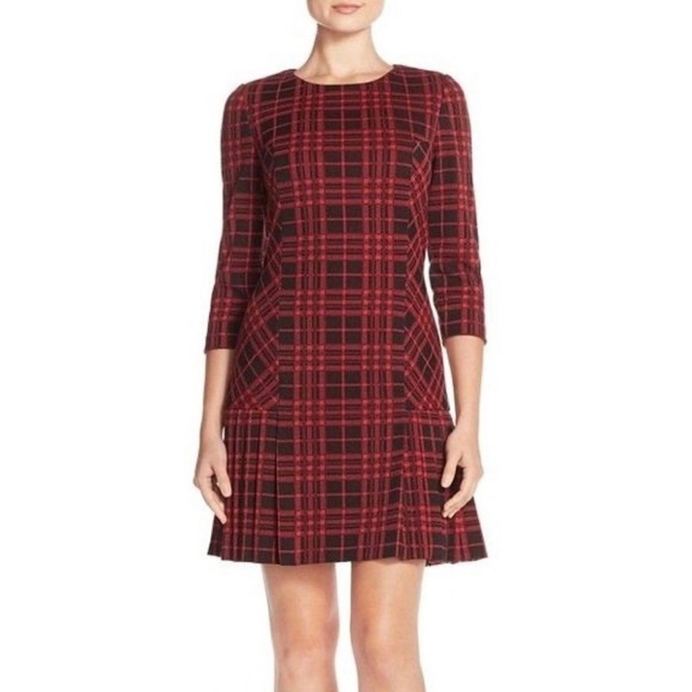 NWOT Appleseed's Red Black Plaid 3/4 Sleeve Ruffle Trim Knit Dress Christmas